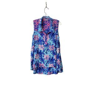 Batik Keris Sleeveless Button-Down Top Women's M 100% Viscose With Wax Print Blu